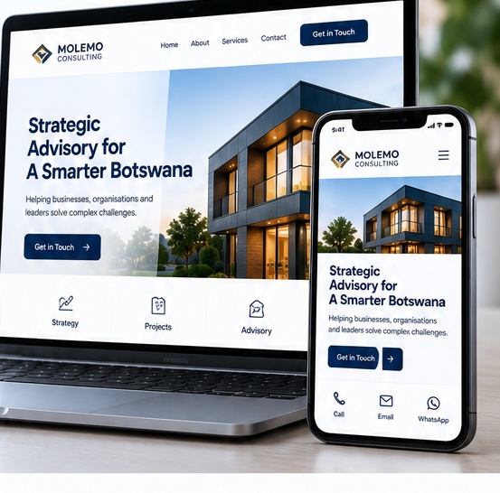 Professional Botswana business website displayed on a laptop and smartphone